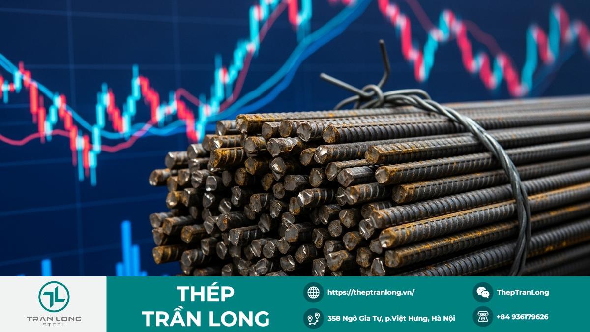Hình ảnh thép thanh với biểu đồ thị trường biến động