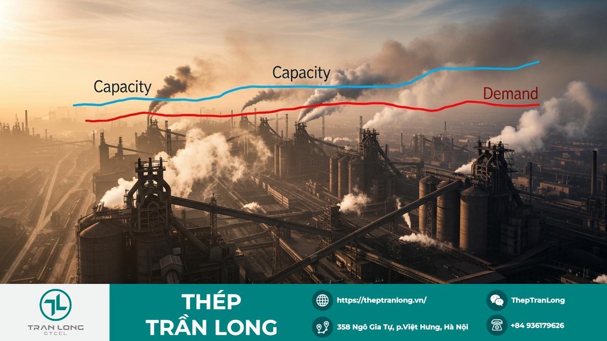 Hình ảnh đồ họa về công suất thép toàn cầu vượt xa nhu cầu dự kiến đến năm 2027