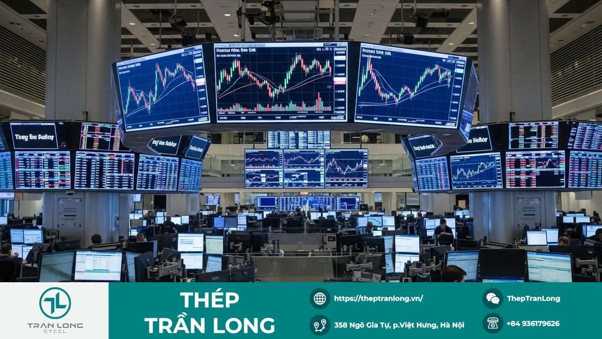Sàn giao dịch với biểu đồ giá thép và quặng sắt toàn cầu