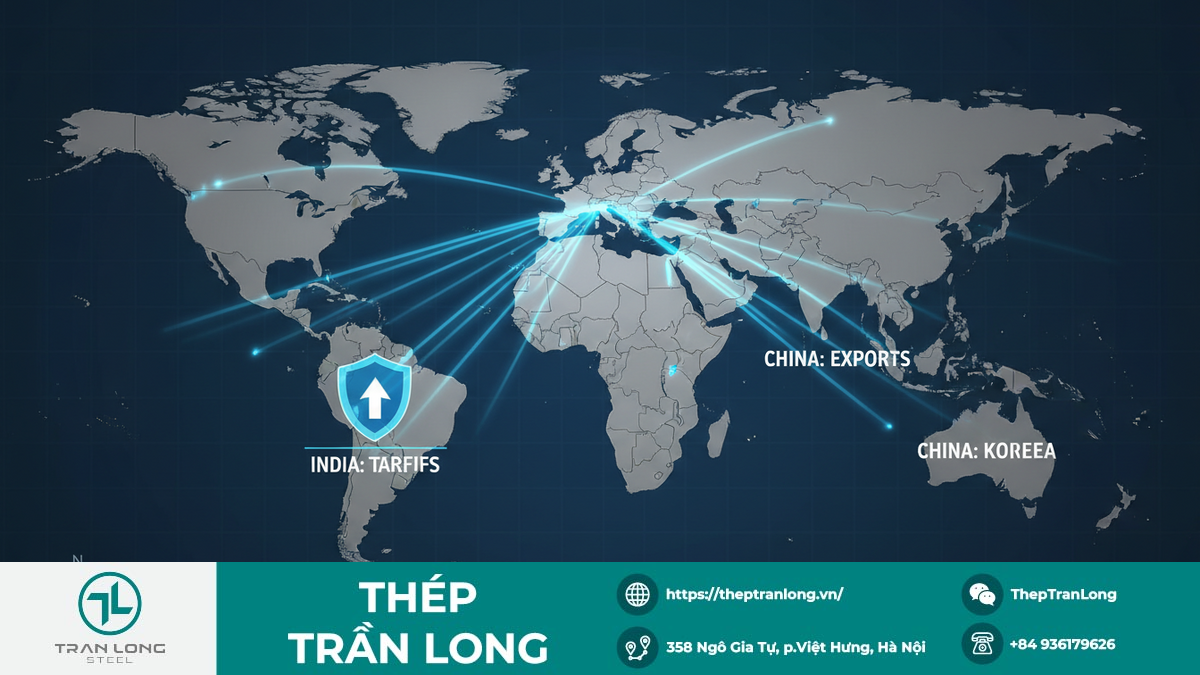 Bản đồ thế giới biểu thị chính sách thuế nhập khẩu thép của Ấn Độ và luồng hàng hóa từ Trung Quốc ảnh hưởng thị trường