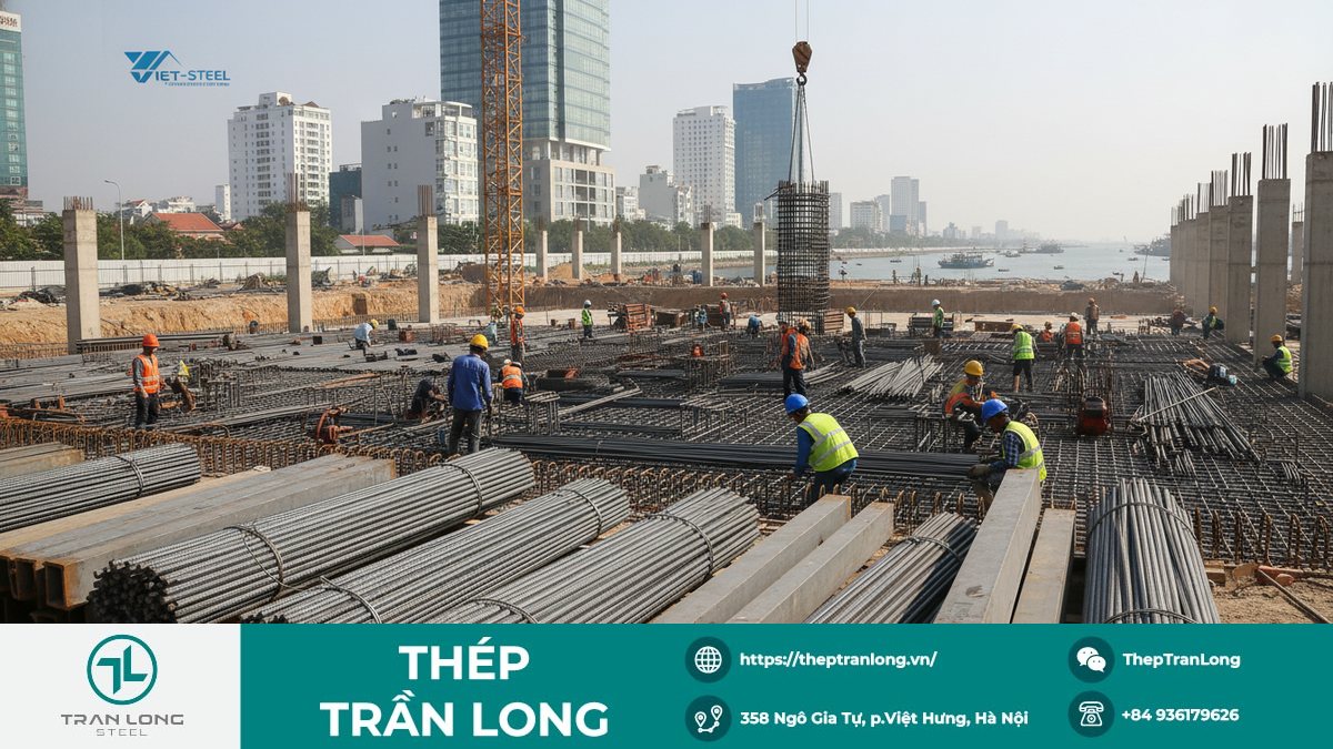 Công Trình Xây Dựng Việt Nam và Thép Xây Dựng Ổn Định Hình ảnh công trường xây dựng tại Việt Nam với thép xây dựng được sử dụng, thể hiện sự ổn định giá thép nội địa
