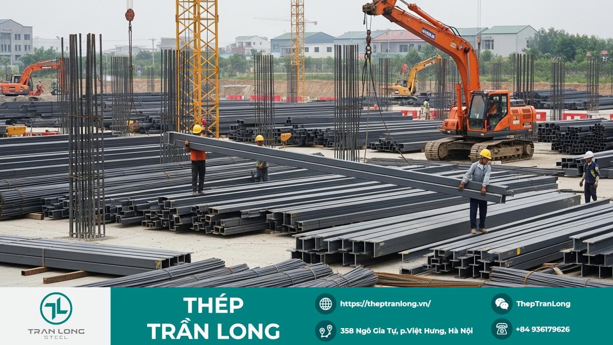 Công trường xây dựng Việt Nam với thép hình và thép tấm Công trường xây dựng sử dụng thép xây dựng trong nước, phản ánh sự ổn định của giá thép tại Việt Nam.