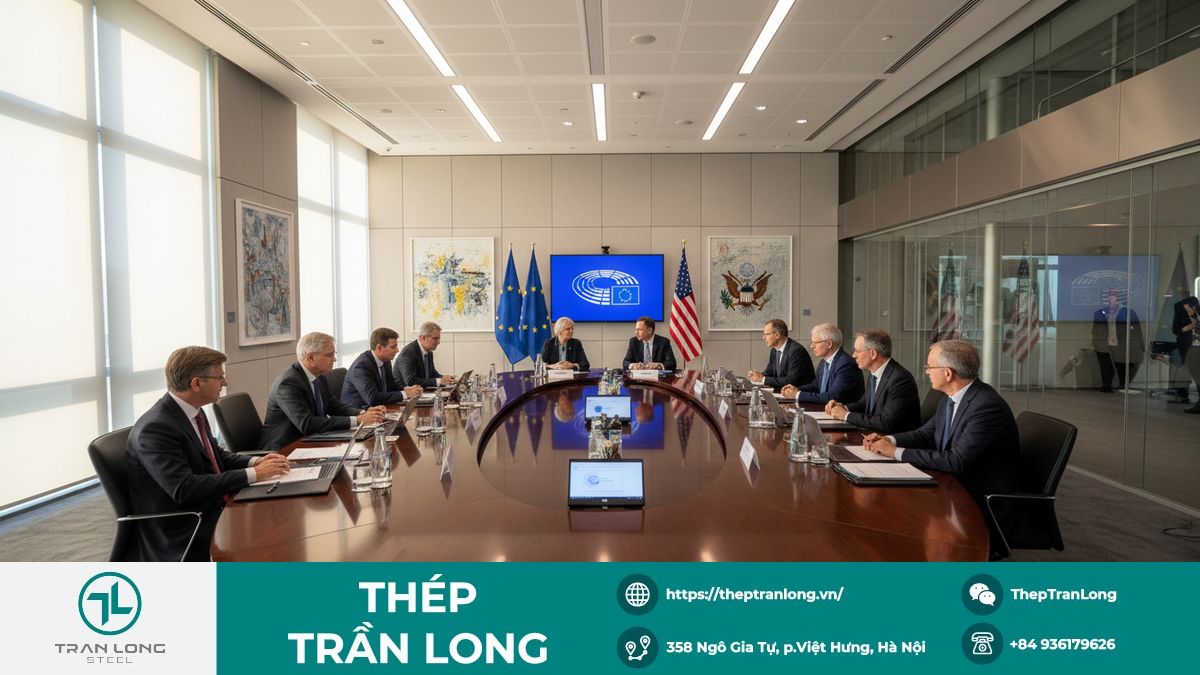 Hai phái đoàn EU và Mỹ trong cuộc họp về chính sách thuế quan tại một phòng hội nghị sang trọng
