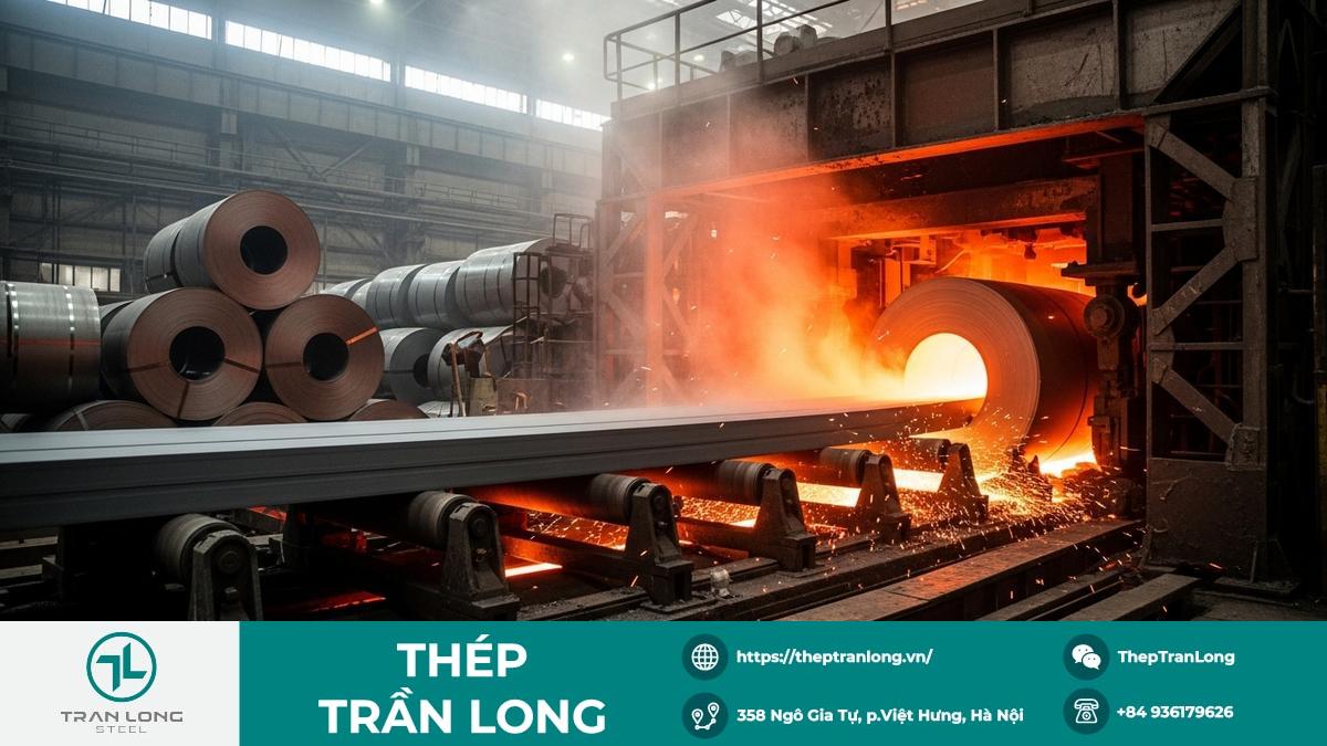 Hình ảnh nhà máy sản xuất thép, cuộn thép cán nóng đang được xử lý