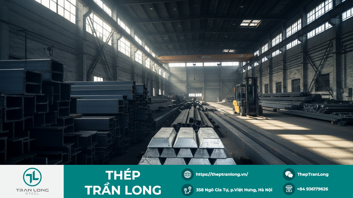 Kho Thép và Nhôm: Trung Tâm Của Căng Thẳng Thương Mại Quốc Tế Hình ảnh cận cảnh các bó thép hình và nhôm thỏi chất đống trong kho công nghiệp lớn