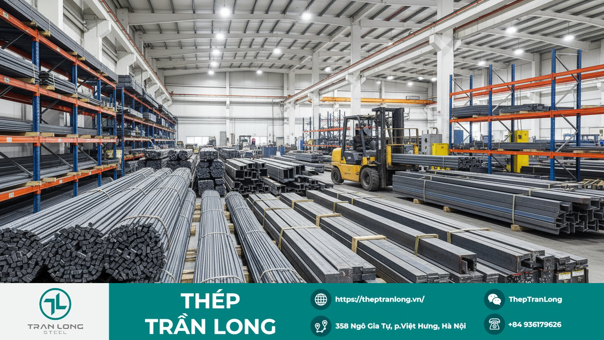 Kho bãi thép với đa dạng sản phẩm Ảnh cận cảnh kho thép lớn với các loại thép hình, thép tấm, thép cây được sắp xếp gọn gàng, thể hiện khả năng cung ứng ổn định của nhà phân phối trong nước