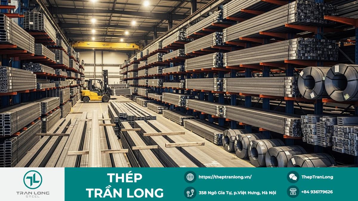 Kho bãi lớn của Thép Trần Long đảm bảo nguồn cung Kho thép Trần Long với nhiều loại thép hình, thép tấm được sắp xếp gọn gàng