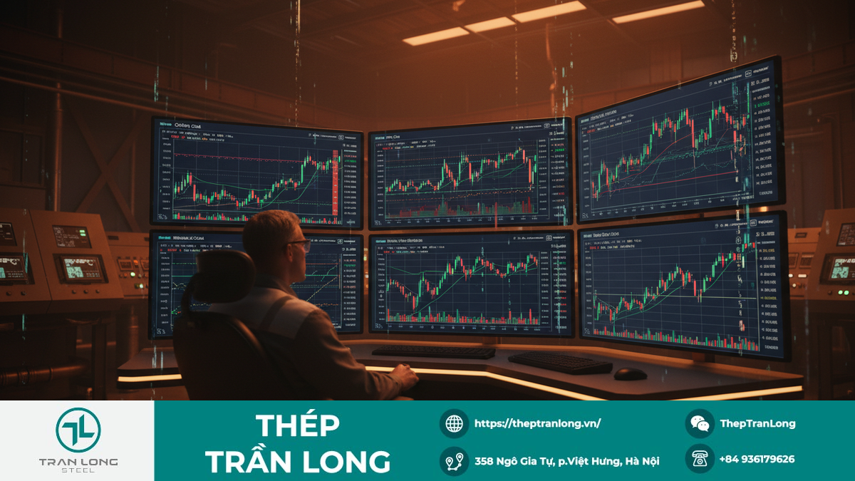 Phân tích Biến động Giá Nguyên liệu Thép Phòng điều khiển nhà máy thép với biểu đồ giá nguyên liệu như than cốc, quặng sắt, phản ánh xu hướng thị trường phái sinh.