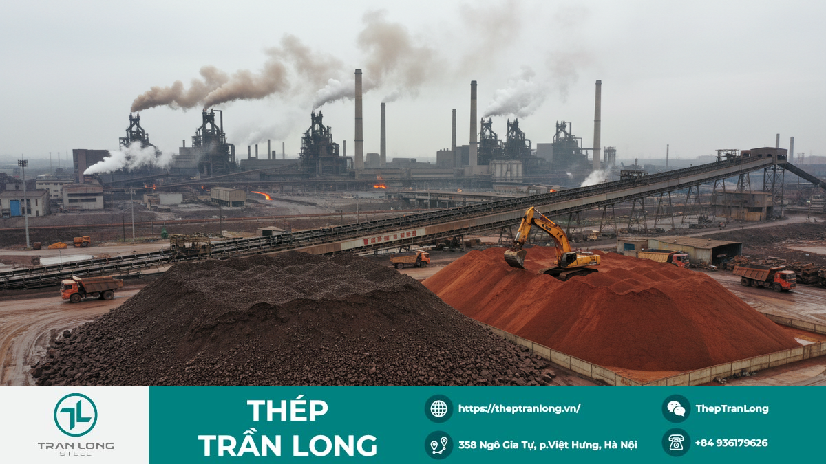 Nhà Máy Thép Trung Quốc và Nguồn Cung Quặng Sắt Cảnh quan nhà máy thép lớn tại Trung Quốc với các loại quặng sắt, biểu thị nguồn cung và sản lượng thép