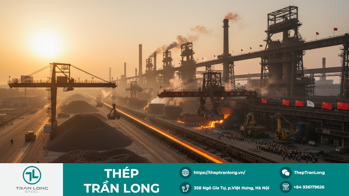 Hình ảnh nhà máy thép Trung Quốc sản xuất, thể hiện sự nhộn nhịp của thị trường thép toàn cầu