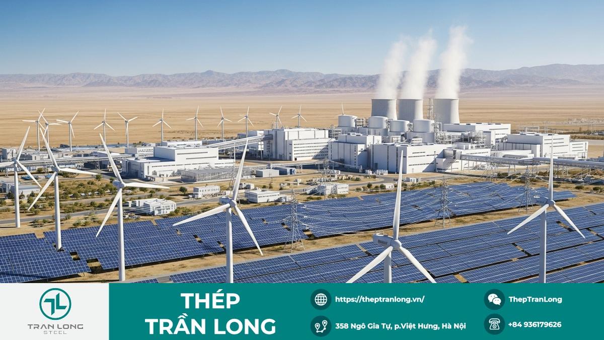 Hệ thống sản xuất thép xanh tích hợp tại Oman với năng lượng mặt trời và gió, hướng tới tương lai bền vững.