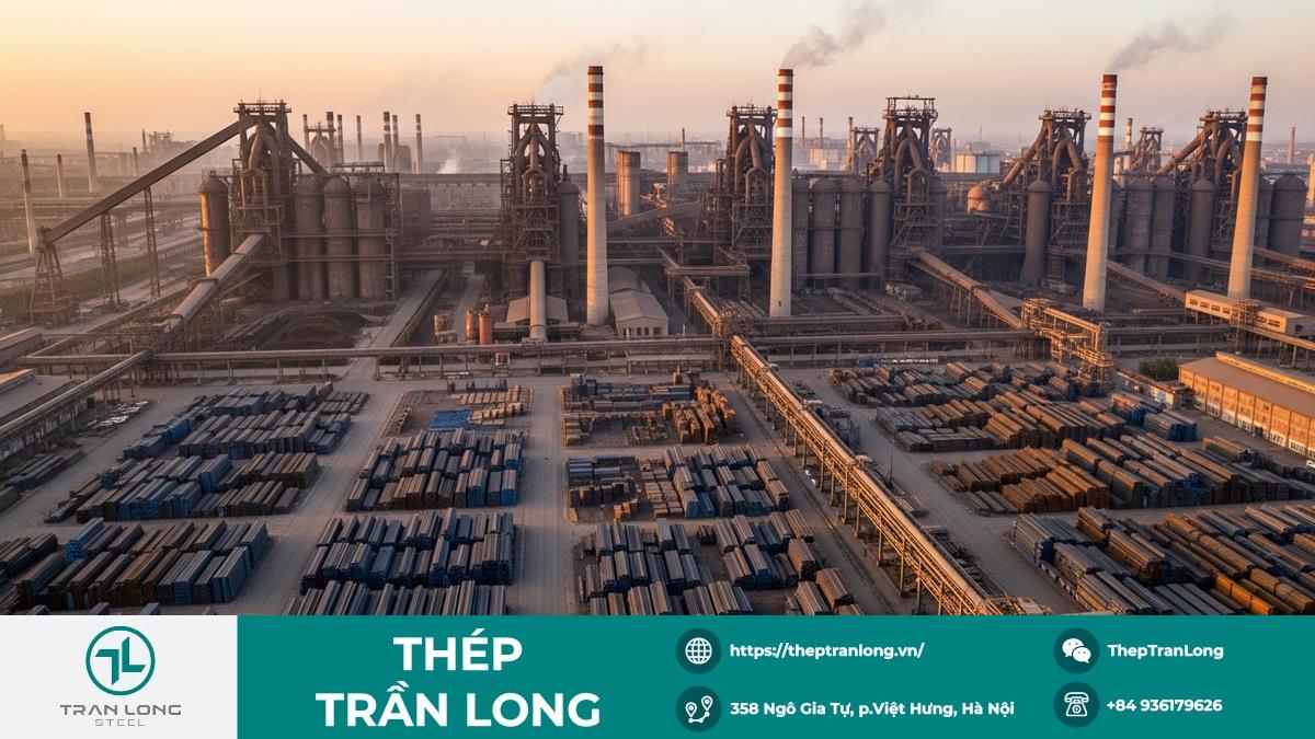Hình ảnh một nhà máy thép lớn tại Trung Quốc với sản lượng giảm sút, phản ánh tình hình thị trường và nhu cầu yếu.