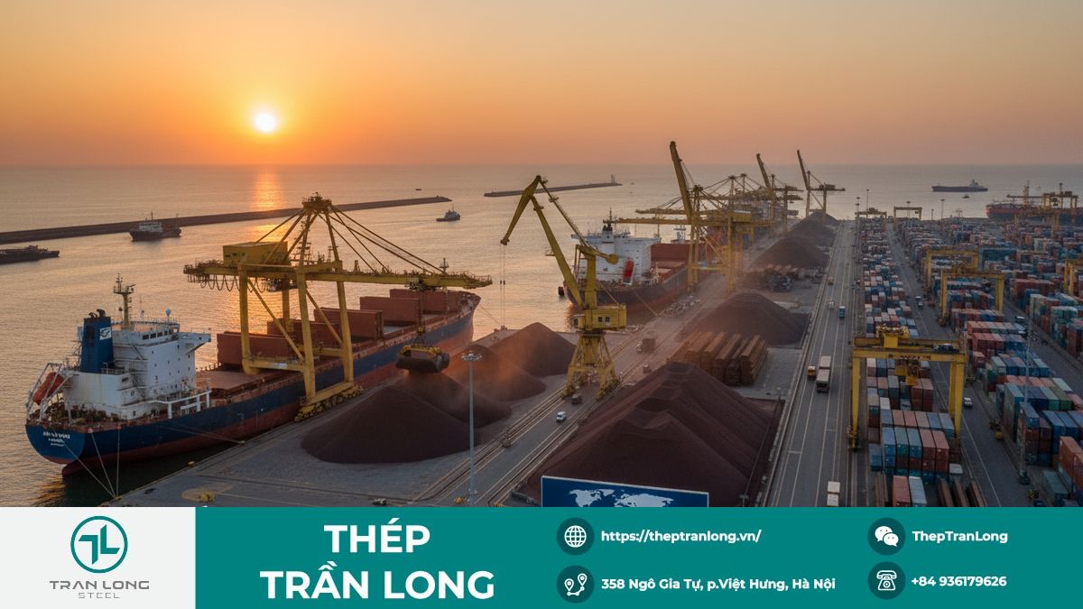 Bức ảnh toàn cảnh cảng biển quốc tế với tàu chở quặng sắt và thép, thể hiện sự biến động của thị trường thép toàn cầu.