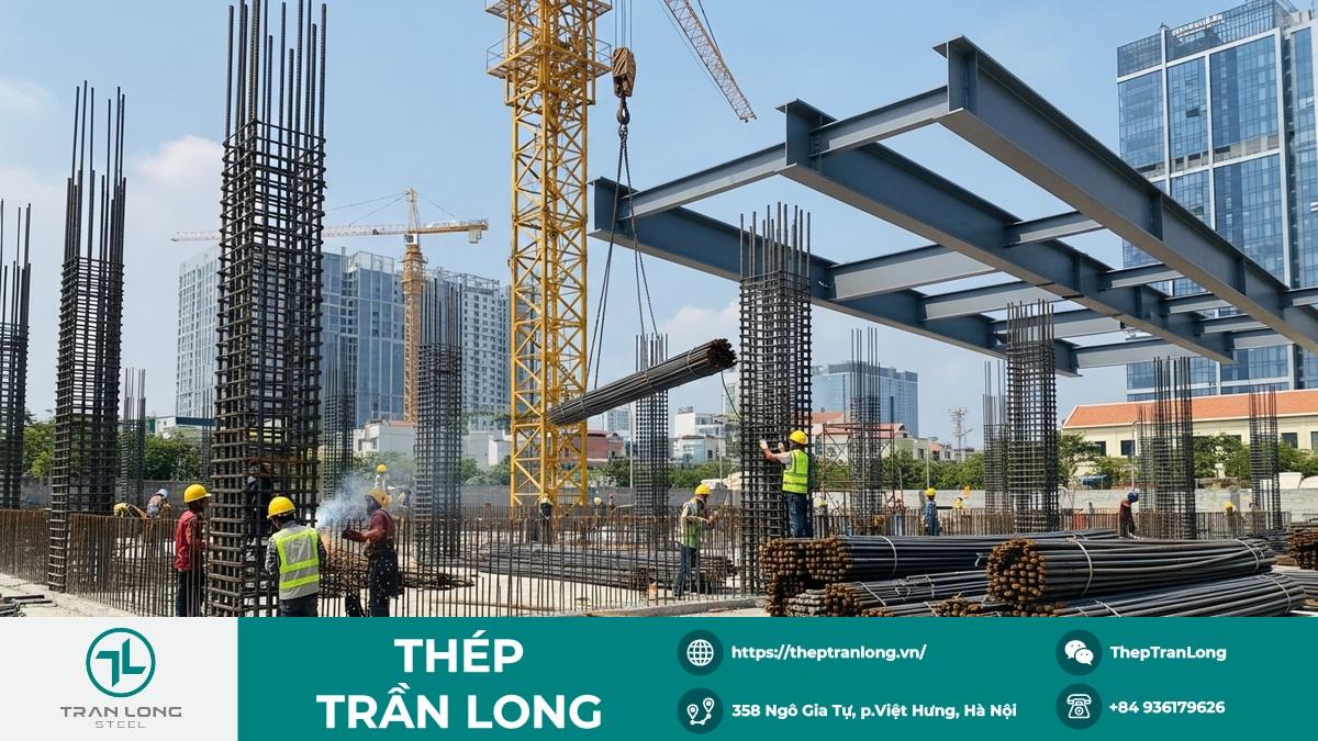 Công trường xây dựng tại Việt Nam, sử dụng thép hình và thép xây dựng, thể hiện sự ổn định của thị trường thép trong nước
