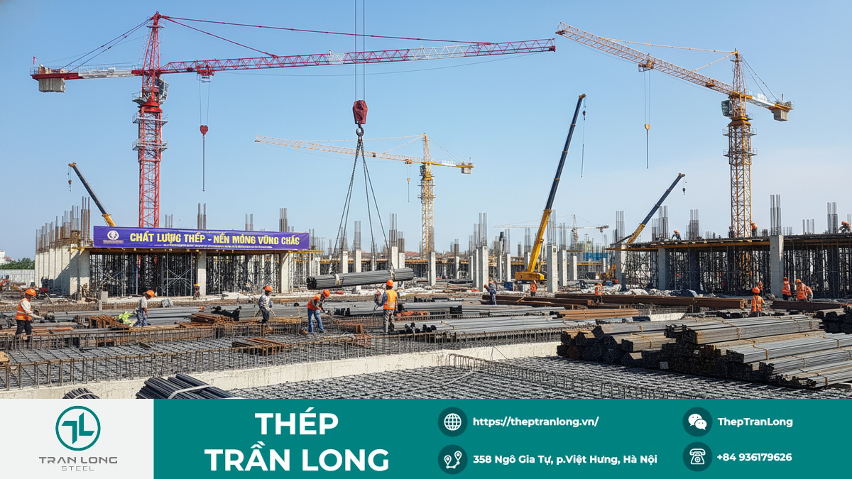 Thị trường Thép Xây dựng Việt Nam: Ổn định và Phát triển Công trường xây dựng hiện đại tại Việt Nam với các loại thép như thép cây, thép hình, thép tấm, thể hiện sự ổn định của thị trường thép trong nước.