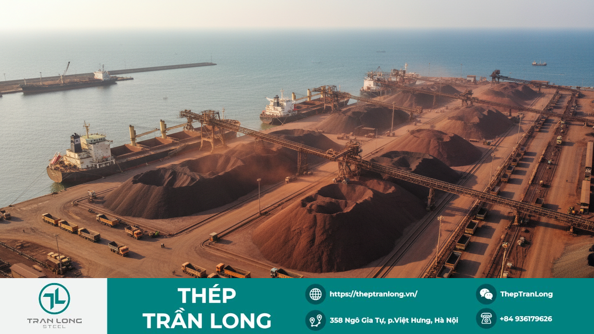 Ảnh chụp từ trên cao cảng công nghiệp Ấn Độ với tàu thuyền và đống quặng sắt, minh họa sự tăng nhập khẩu quặng sắt của quốc gia này.