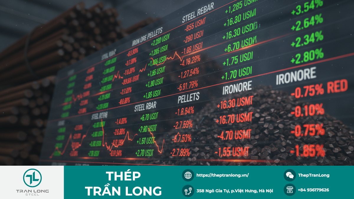 Biểu đồ thể hiện sự biến động giá quặng sắt Dalian và thép thanh Thượng Hải ngày 6/12/2025