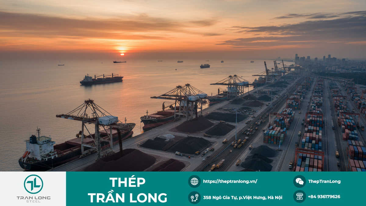 Cảng biển tấp nập hoạt động giao thương quặng sắt toàn cầu Hoạt động vận chuyển và giao thương quặng sắt tại cảng biển quốc tế.