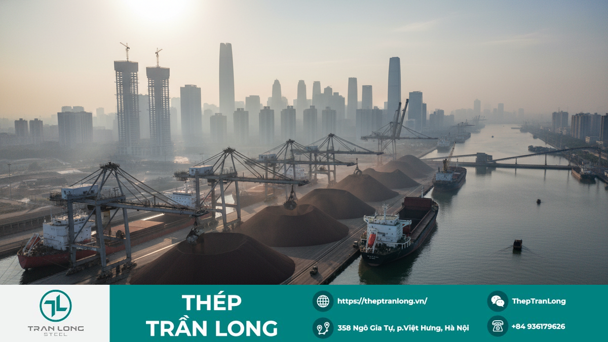 Cảng biển Trung Quốc với quặng sắt và công trình xây dựng Hình ảnh cảng biển lớn tại Trung Quốc, với tàu chở quặng sắt và cần cẩu đang hoạt động, tượng trưng cho nhu cầu thép từ ngành xây dựng.