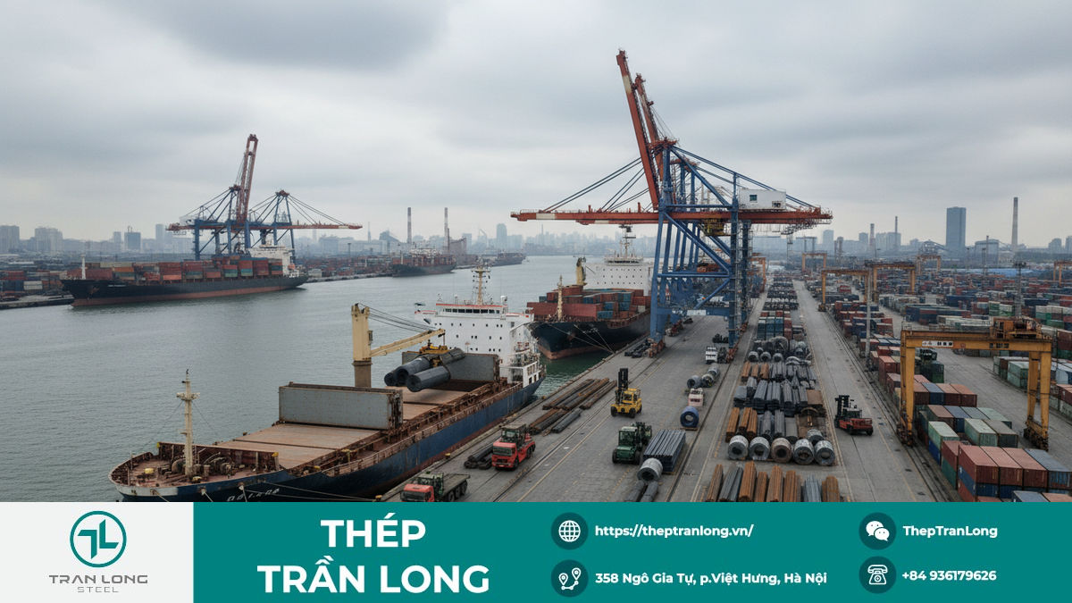 Hình ảnh tổng quan một cảng biển quốc tế nhộn nhịp với tàu chở thép và cần cẩu, tượng trưng cho biến động thị trường thép toàn cầu.