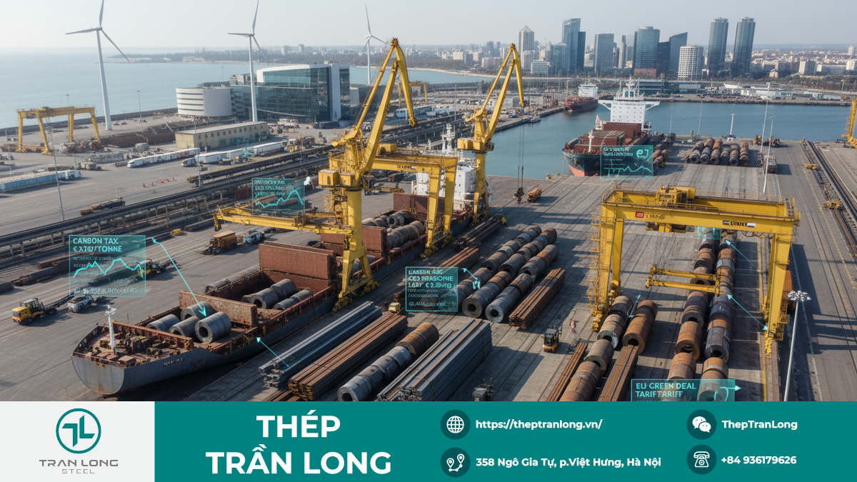 Minh họa cơ chế CBAM tại cảng châu Âu, áp thuế carbon lên thép nhập khẩu
