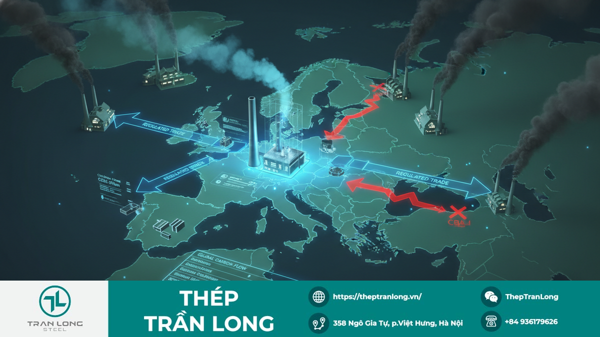 CBAM Thay Đổi Thị Trường Thép Châu Âu Sơ đồ minh họa cơ chế điều chỉnh carbon qua biên giới (CBAM) tác động lên thị trường thép, với biểu tượng EU và các nhà máy thép.