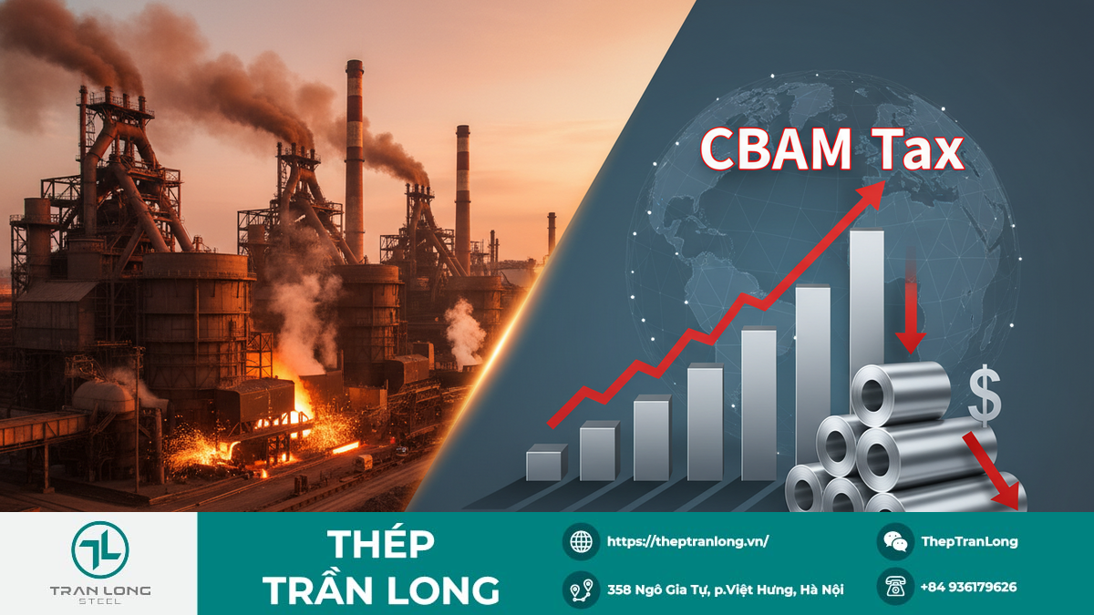Chi Phí Carbon Tăng Khiến Thép Trung Quốc Mất Lợi Thế Hình ảnh so sánh nhà máy thép Trung Quốc với đồ thị chi phí carbon (CBAM) làm tăng giá thép cuộn cán nóng (HRC).