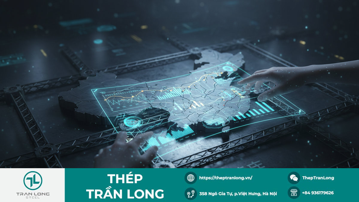 Hình ảnh trừu tượng bản đồ Trung Quốc với các biểu đồ kinh tế, tượng trưng cho vai trò trung tâm của các quyết sách kinh tế đối với thị trường thép.