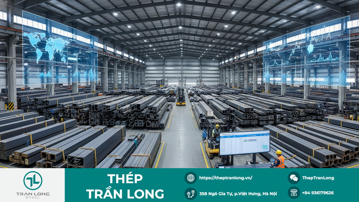 Chuỗi Cung Ứng Thép Toàn Cầu Trong Bối Cảnh Mới Kho thép công nghiệp lớn với thép hình, thép tấm được sắp xếp gọn gàng, thể hiện sự sẵn sàng cho chuỗi cung ứng toàn cầu.
