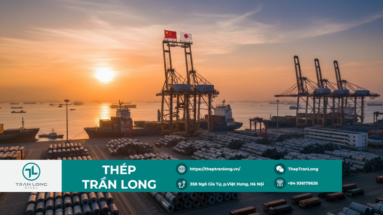 Container thép xuất khẩu tại cảng biển thể hiện thương mại thép toàn cầu