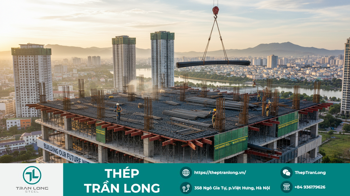 Hình ảnh công trình xây dựng tại Việt Nam đang sử dụng thép xây dựng nội địa, minh họa sự ổn định giá và nguồn cung trong nước