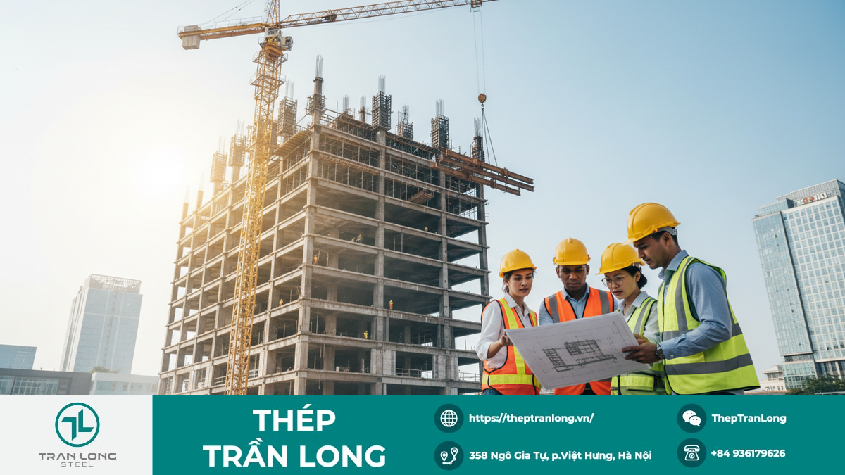 Công trường xây dựng hiện đại tại Việt Nam sử dụng thép, thể hiện sự ổn định thị trường