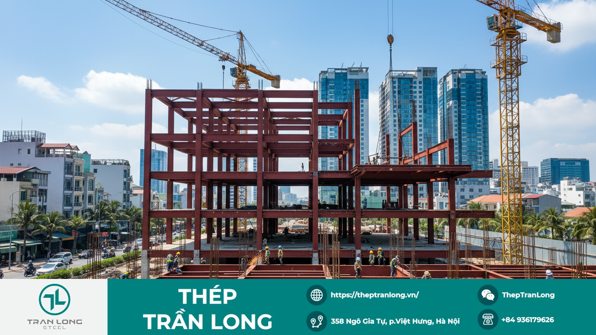 Hình ảnh công trường xây dựng tại Việt Nam với kết cấu thép, thể hiện sự ổn định giá thép xây dựng trong nước.