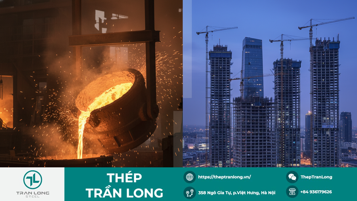 Tương quan cung và cầu thép trên thị trường toàn cầu Hình ảnh minh họa cung và cầu thép toàn cầu với nhà máy sản xuất và công trường xây dựng.