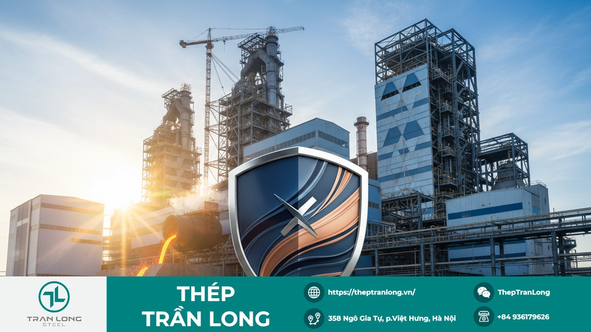 Ảnh minh họa nhà máy thép lớn và biểu tượng lá chắn, tượng trưng cho sản xuất và phòng vệ thương mại