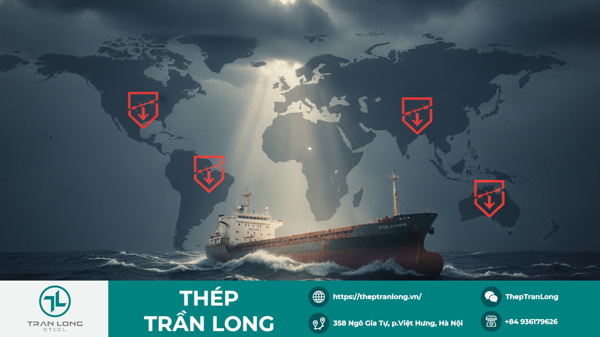 Ảnh minh họa bản đồ thế giới với các biểu tượng hạn chế thương mại và tàu chở hàng gặp khó khăn