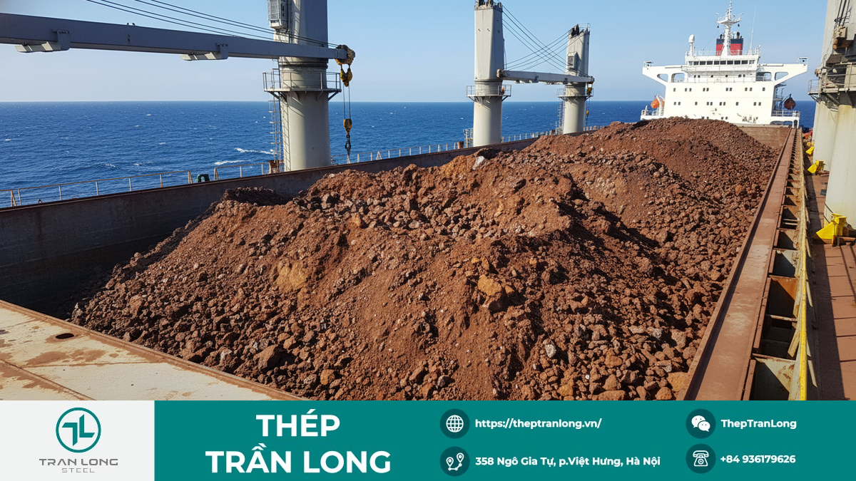 Hình ảnh chi tiết khoang tàu chở hàng với lượng lớn quặng sắt, thể hiện hoạt động xuất khẩu quặng sắt trên toàn cầu