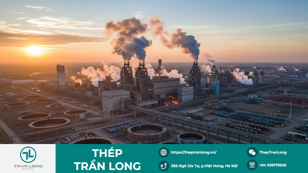 Ảnh minh họa nhà máy thép HRC hiện đại với các cuộn thép và khói lò luyện