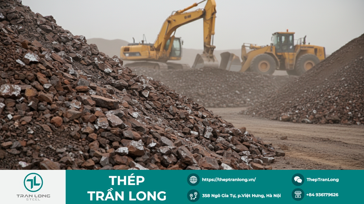 Ảnh cận cảnh đống quặng sắt tại kho bãi công nghiệp, thể hiện sự mỏng của cung cầu nguyên liệu thép.