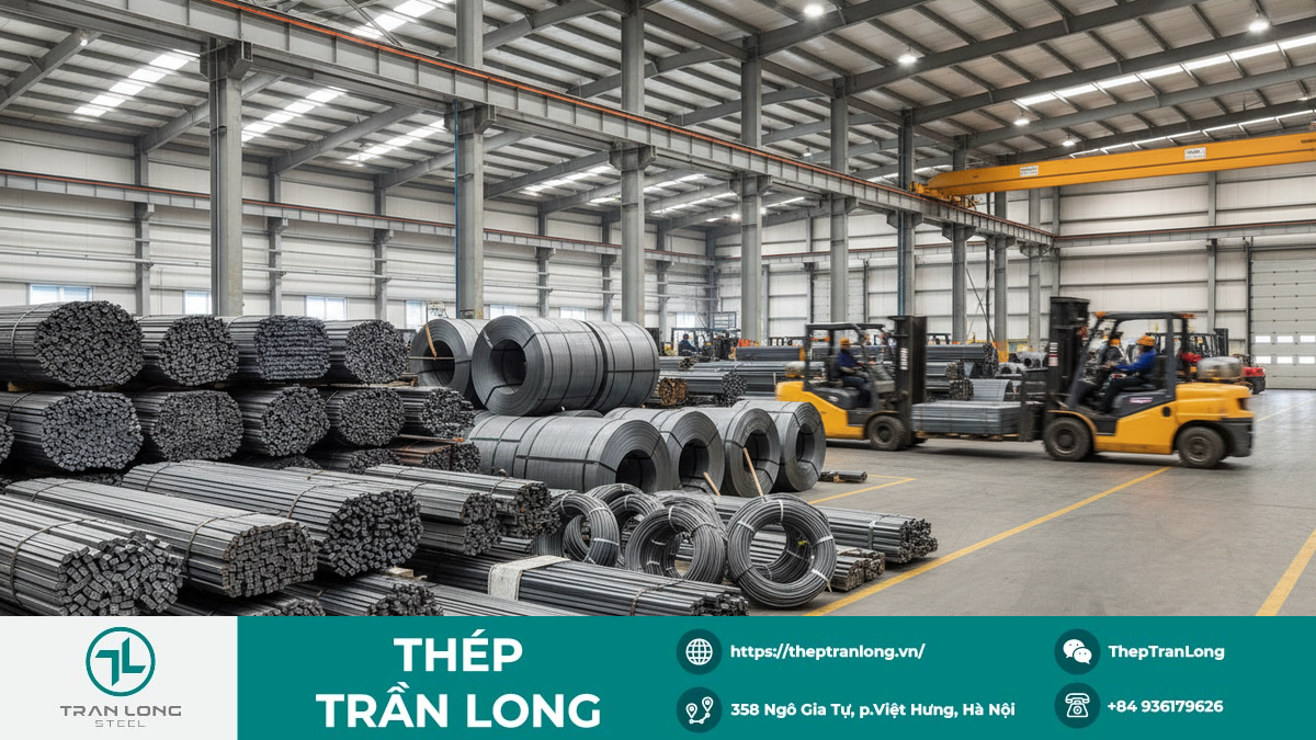 Kho chứa thép thanh, thép cuộn cán nóng, và thép dây được sắp xếp gọn gàng