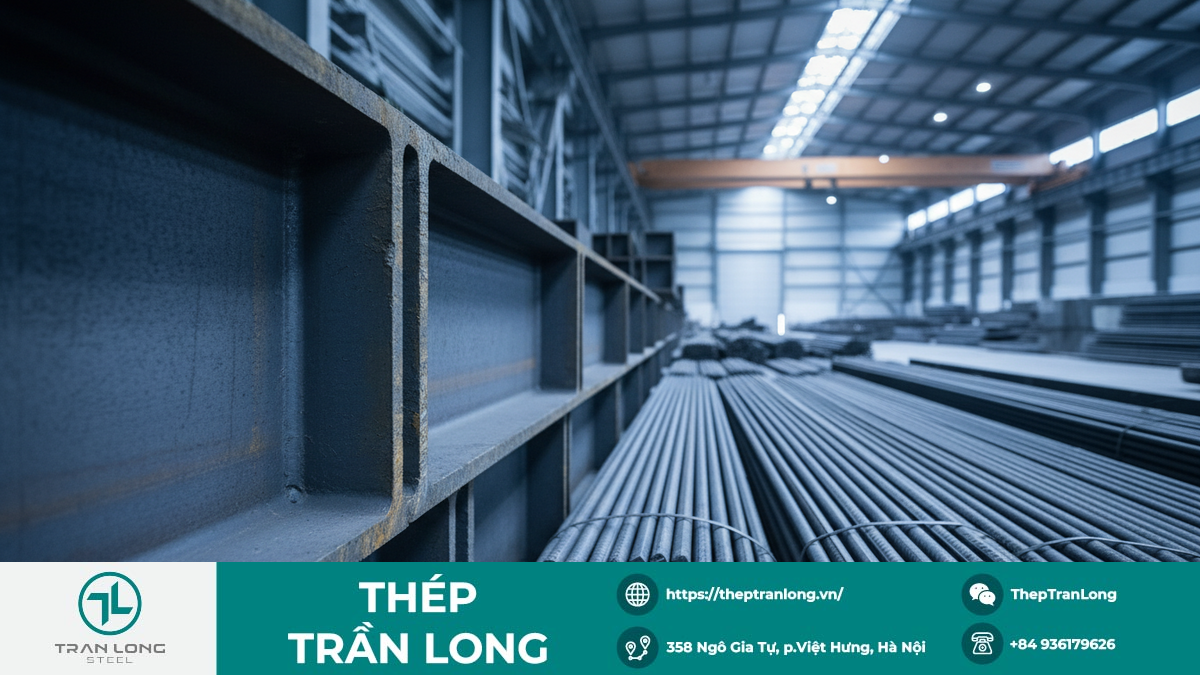 Hình ảnh kho thép với các loại thép hình, thép tấm và thép cây được xếp gọn gàng, thể hiện năng lực tồn kho lớn của nhà phân phối thép