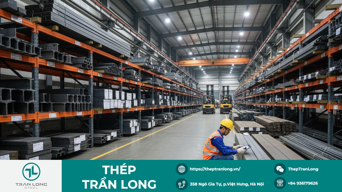 Kho thép lớn với các loại thép xây dựng tại Việt Nam Hình ảnh một kho hàng thép lớn và gọn gàng tại Việt Nam, chứa nhiều loại thép hình, thép tấm và thép cây, thể hiện sự ổn định nguồn cung trong nước.