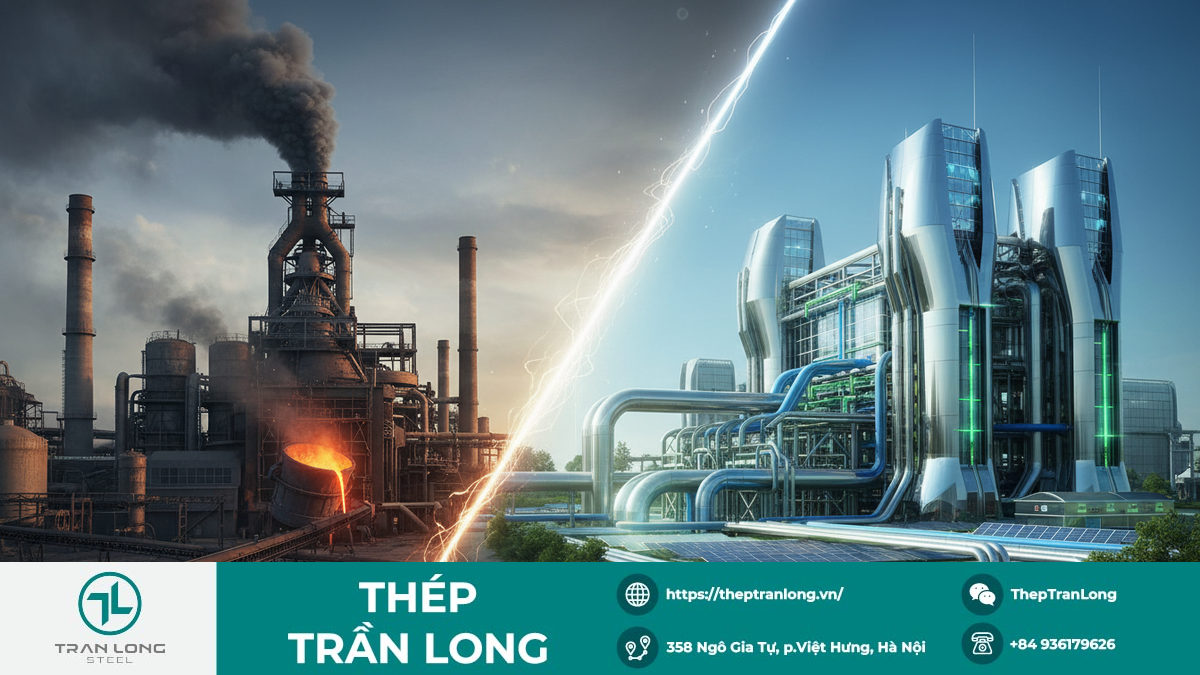 Lộ trình xanh hóa ngành thép: Từ than sang công nghệ sạch Minh họa sự chuyển đổi từ lò luyện thép truyền thống sang công nghệ xanh