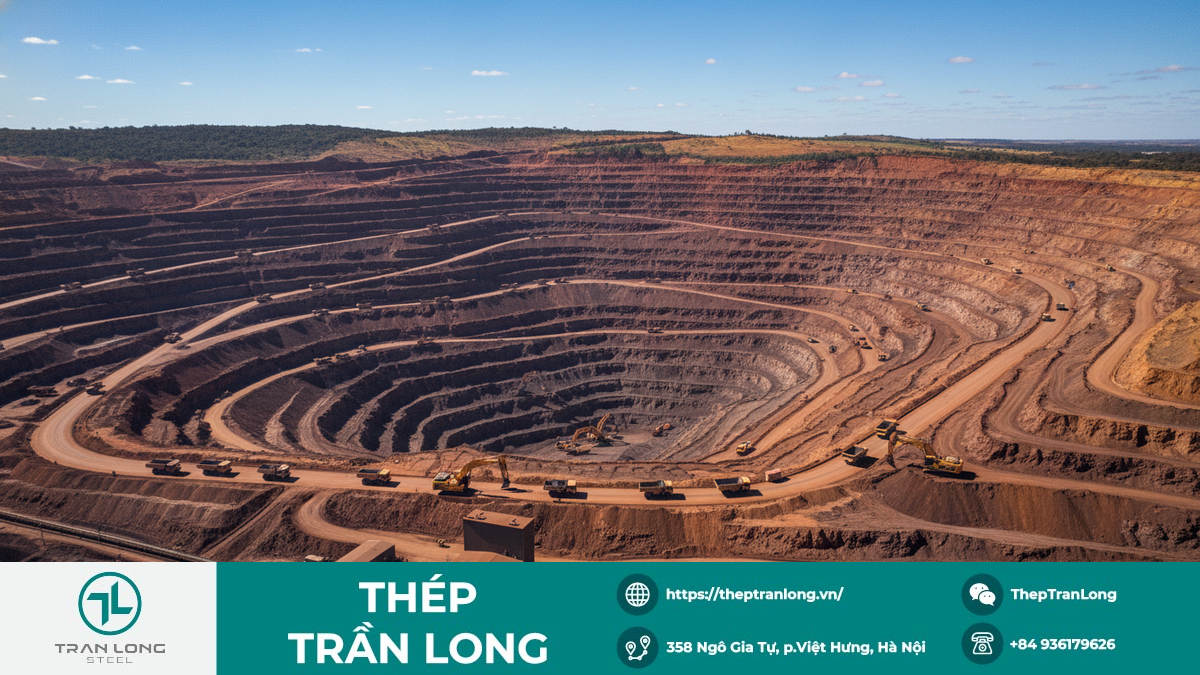 Mỏ quặng sắt khổng lồ của Vale tại Brazil Hình ảnh tổng quan một mỏ quặng sắt lộ thiên quy mô lớn ở Brazil, cho thấy quy trình khai thác nguyên liệu thô của các tập đoàn lớn như Vale.