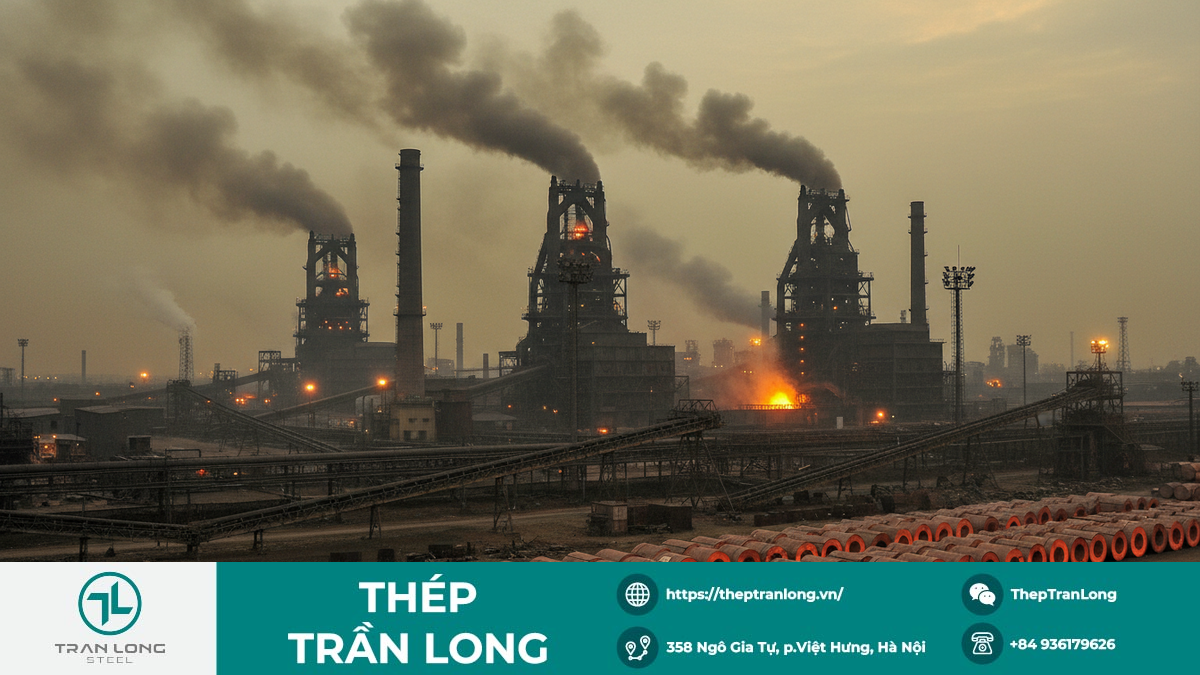 Nhà máy thép Ấn Độ với ống khói phát thải cao Hiện trạng sản xuất thép bằng than của Ấn Độ, phát thải carbon cao