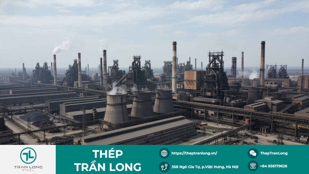 Hình ảnh nhà máy thép tại Trung Quốc với ống khói ít khói hơn bình thường, biểu thị sự suy giảm sản lượng và nhu cầu thép