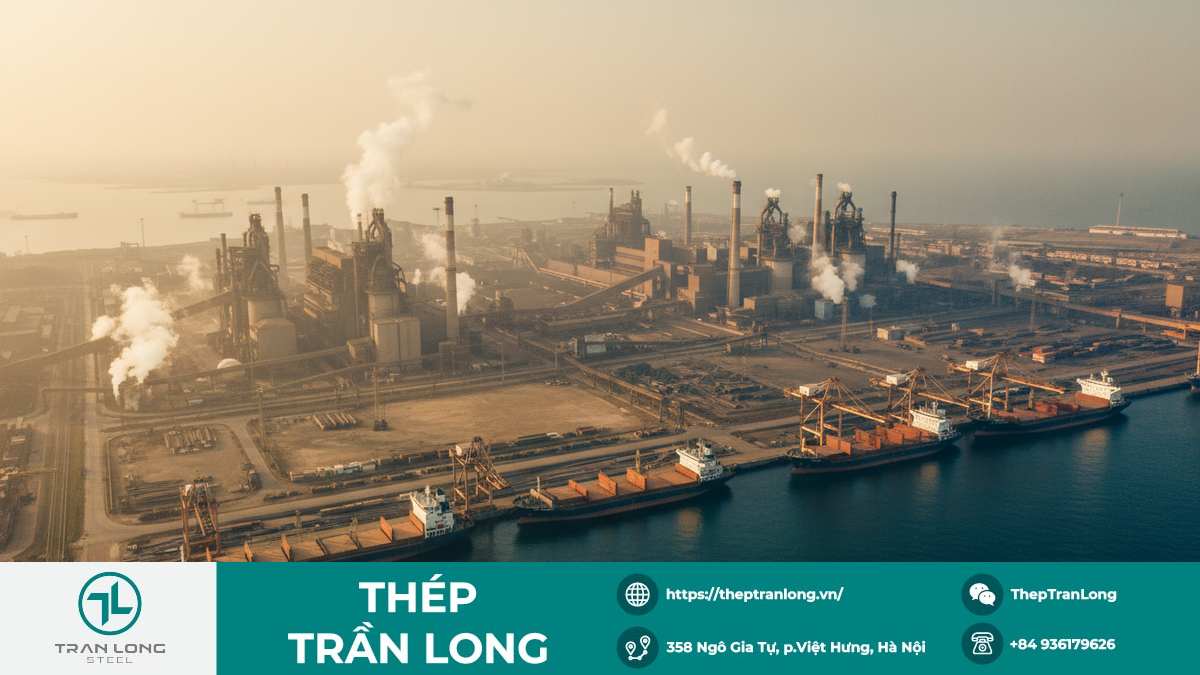 Nhà máy thép Trung Quốc với hoạt động xuất khẩu mạnh mẽ Toàn cảnh nhà máy thép lớn tại Trung Quốc và tàu chờ xếp dỡ thép, mô tả sự tăng trưởng xuất khẩu thép của nước này trong bối cảnh sản xuất nội địa suy giảm.