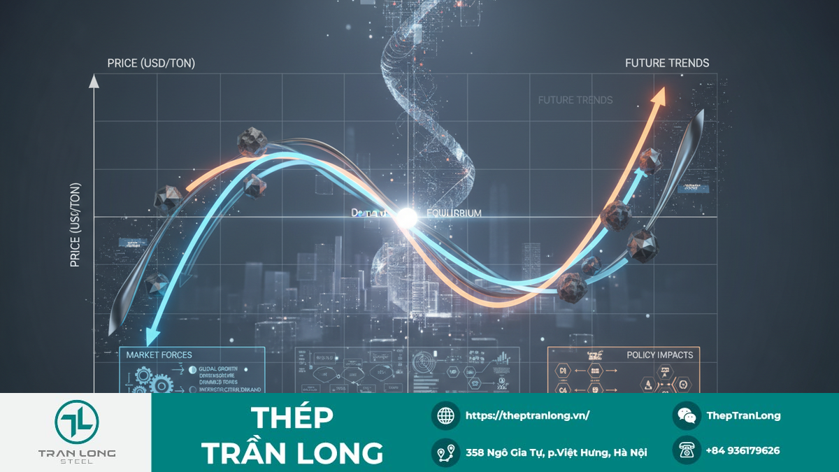 Đồ thị minh họa cung cầu thép và nguyên liệu, thể hiện xu hướng thị trường