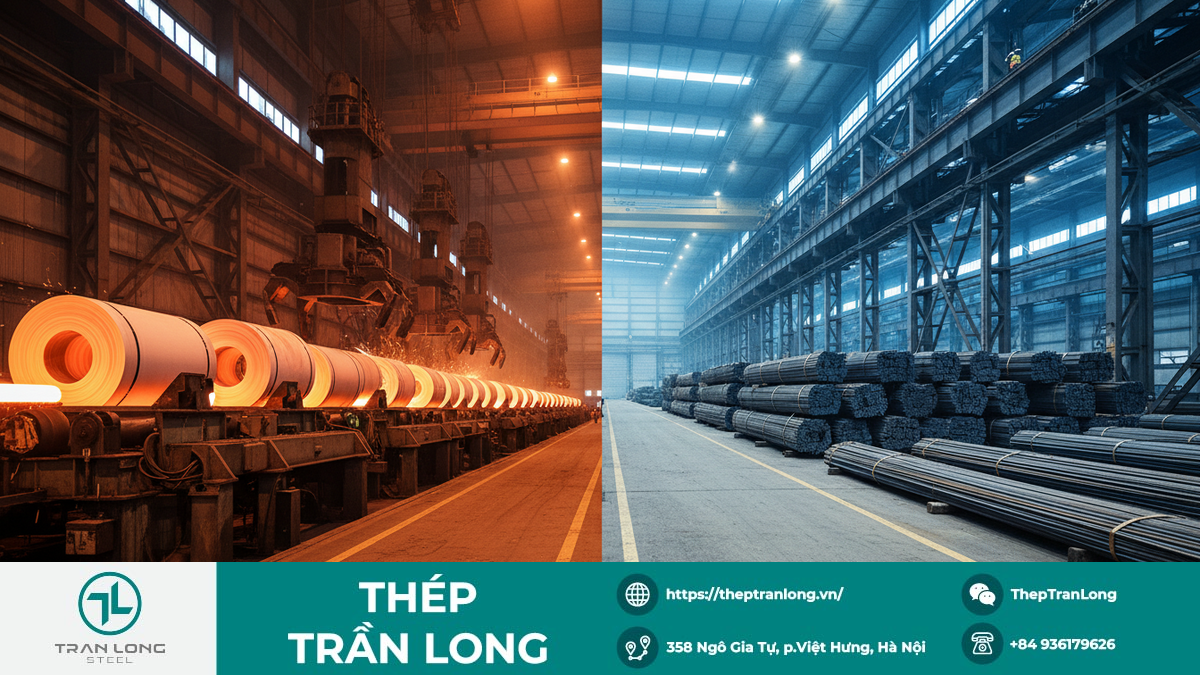 Sản xuất thép cán nóng (HRC) và thép xây dựng tại nhà máy Hình ảnh quy trình sản xuất thép cán nóng (HRC) và kho thép xây dựng, phản ánh sự khác biệt về nhu cầu giữa các phân khúc sản phẩm thép.