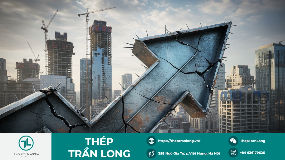 Ảnh minh họa mũi tên tăng trưởng từ thép có vết nứt, tượng trưng cho cơ hội và cạnh tranh